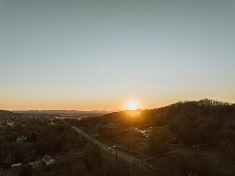 Best suburbs of Nashville, TN — aerial view of a Middle Tennessee neighborhood at sunset