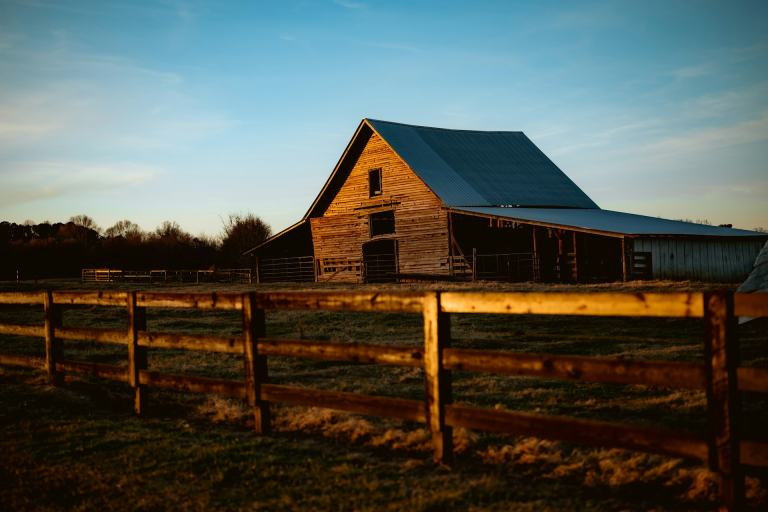 Weathered wooden barn with a metal roof behind a board fence on Middle Tennessee pasture at golden hour