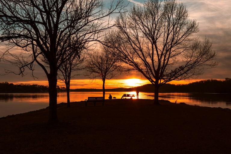 Sunset over a Tennessee lake with bare trees and park benches on the shoreline
